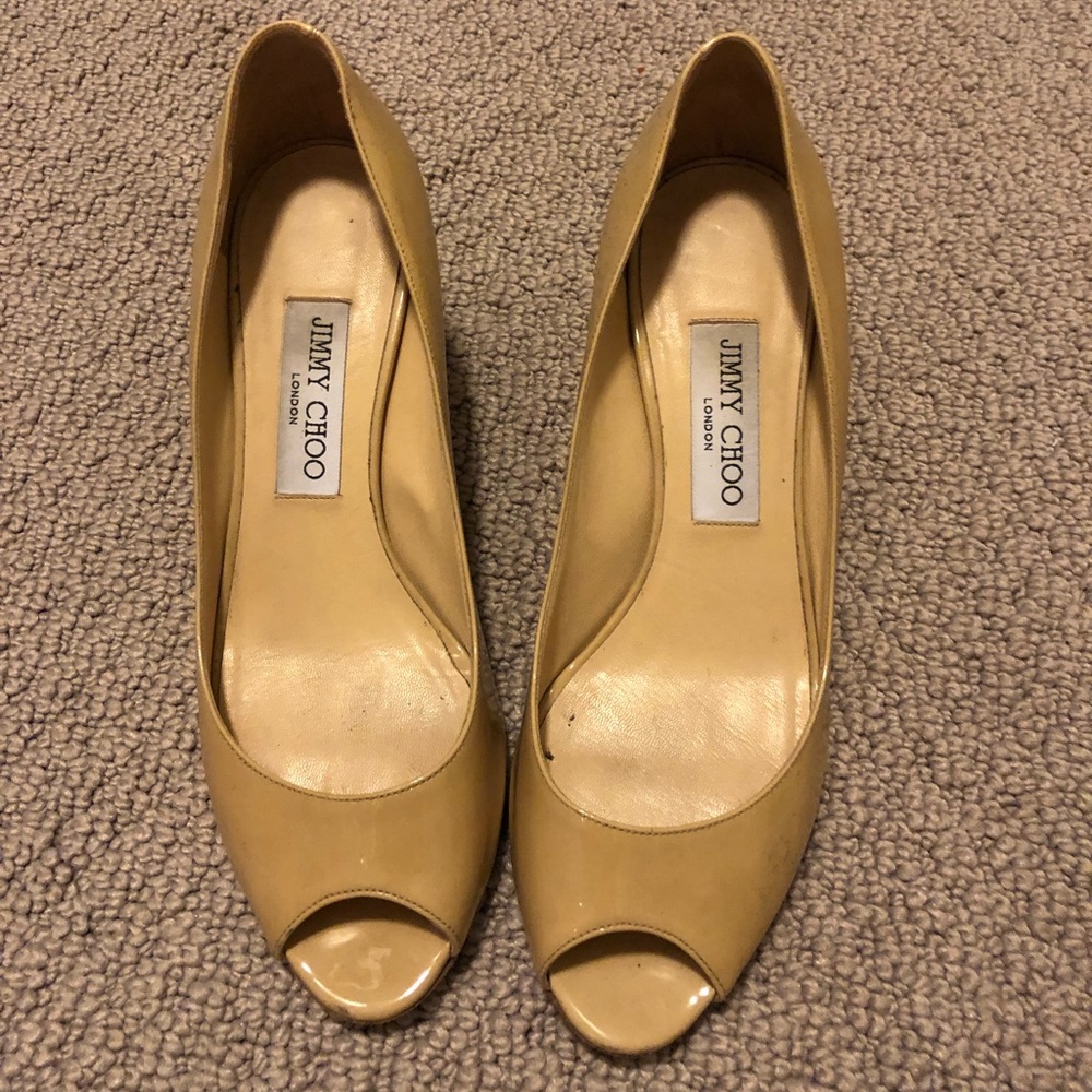 Jimmy Choo Peep Toe 1.5 Inch Nude Pumps